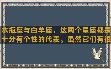 水瓶座与白羊座，这两个星座都是十分有个性的代表。虽然它们有很多相似的地方，比如说都是阳性星座，都有勇气和自信，但它们也有很多不同之处。从星座来看，水瓶座是一个由